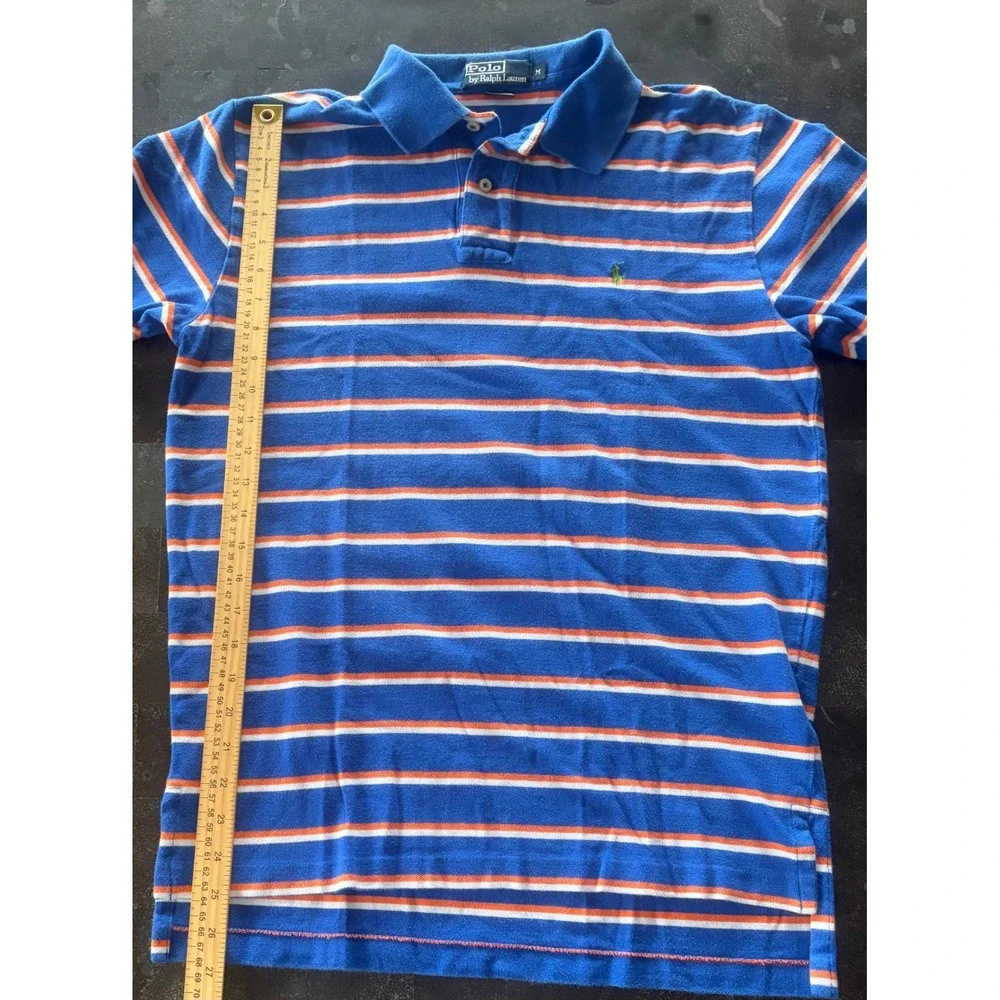 Polo Ralph Lauren Mens Blue Orange‎ Striped Cotton Pique Polo Golf Shirt